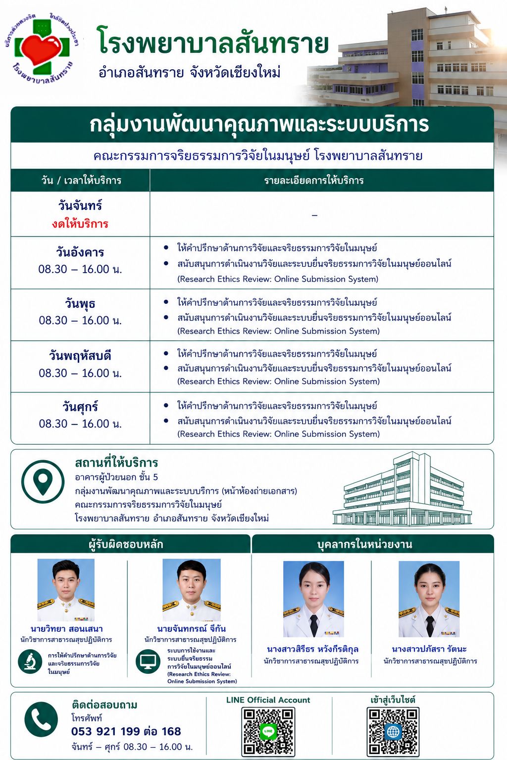 แผ่นประชาสัมพันธ์การติดต่อคณะกรรมการจริยธรรมการวิจัยในมนุษย์ โรงพยาบาลสันทราย